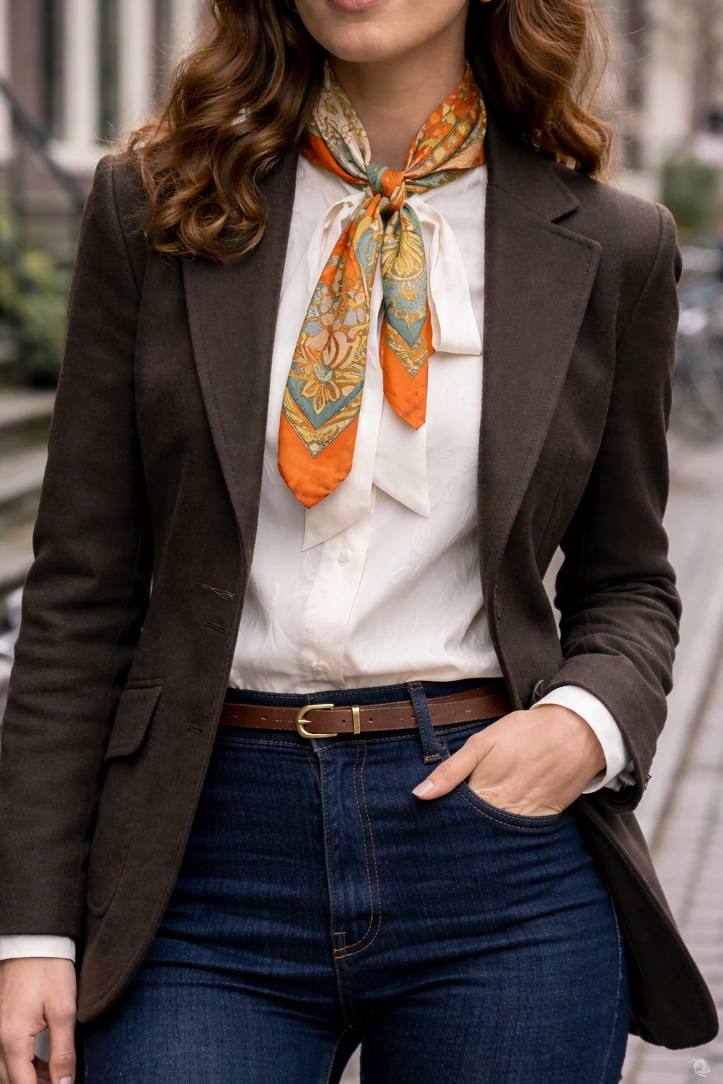 Deep espresso brown outfit blending into Amsterdam’s canal house doorways