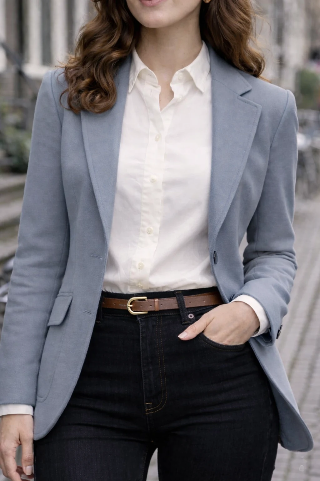 Dusty steel blue outfit echoing Amsterdam’s canal tones