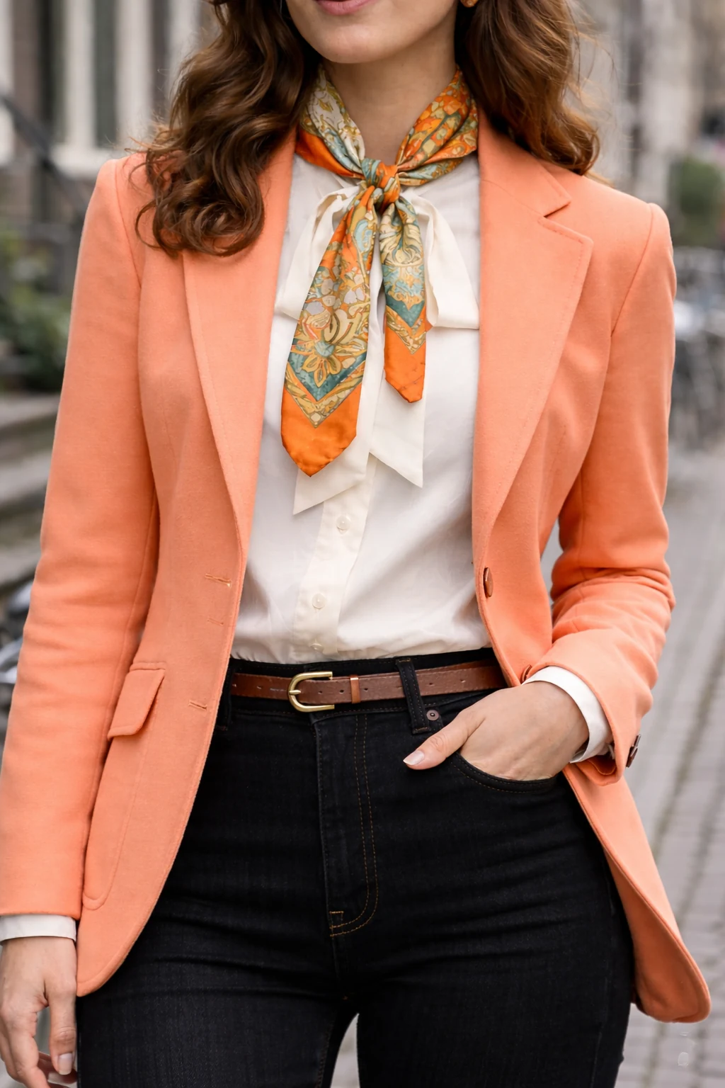 Soft apricot outfit contrasting against Amsterdam’s slate blue canals