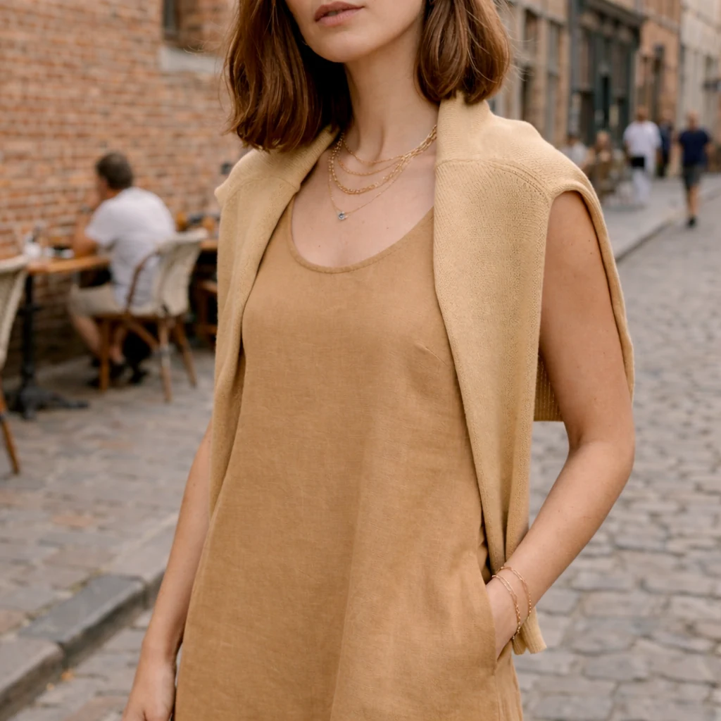 Bruges outfit strategy — classic in #D4A373