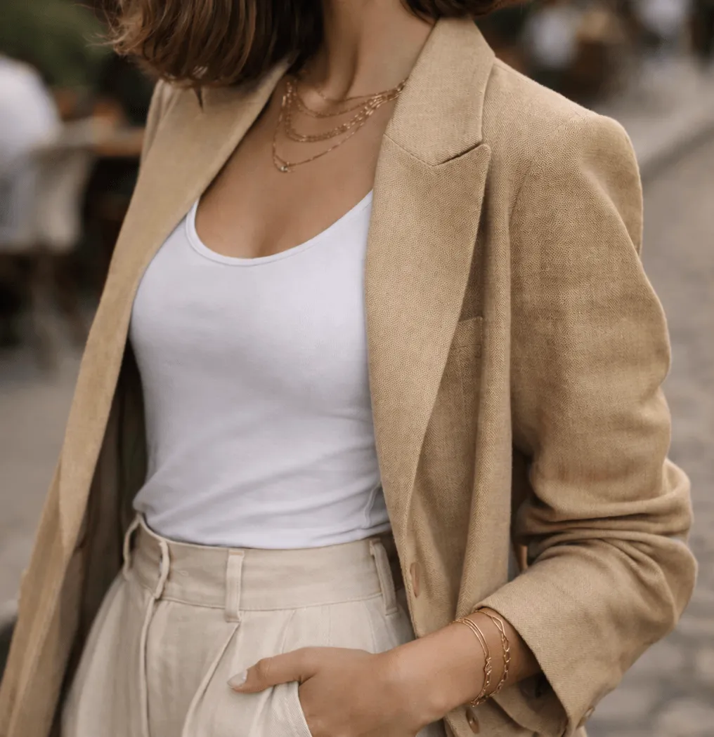 Blend in outfit in warm sand tones against Paris limestone