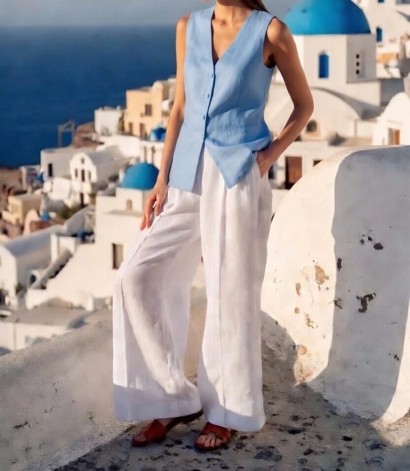 Light blue outfit echoing the Aegean sea and sky palette