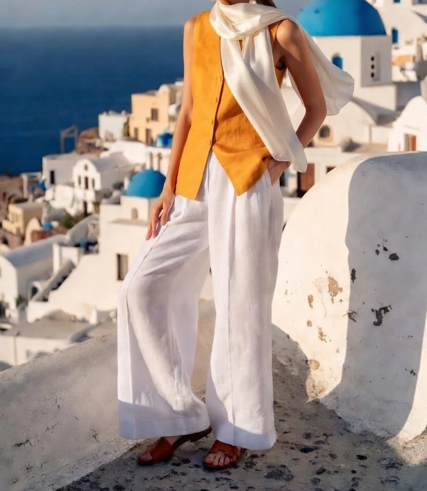 Bold warm outfit against Santorini white and blue backdrop